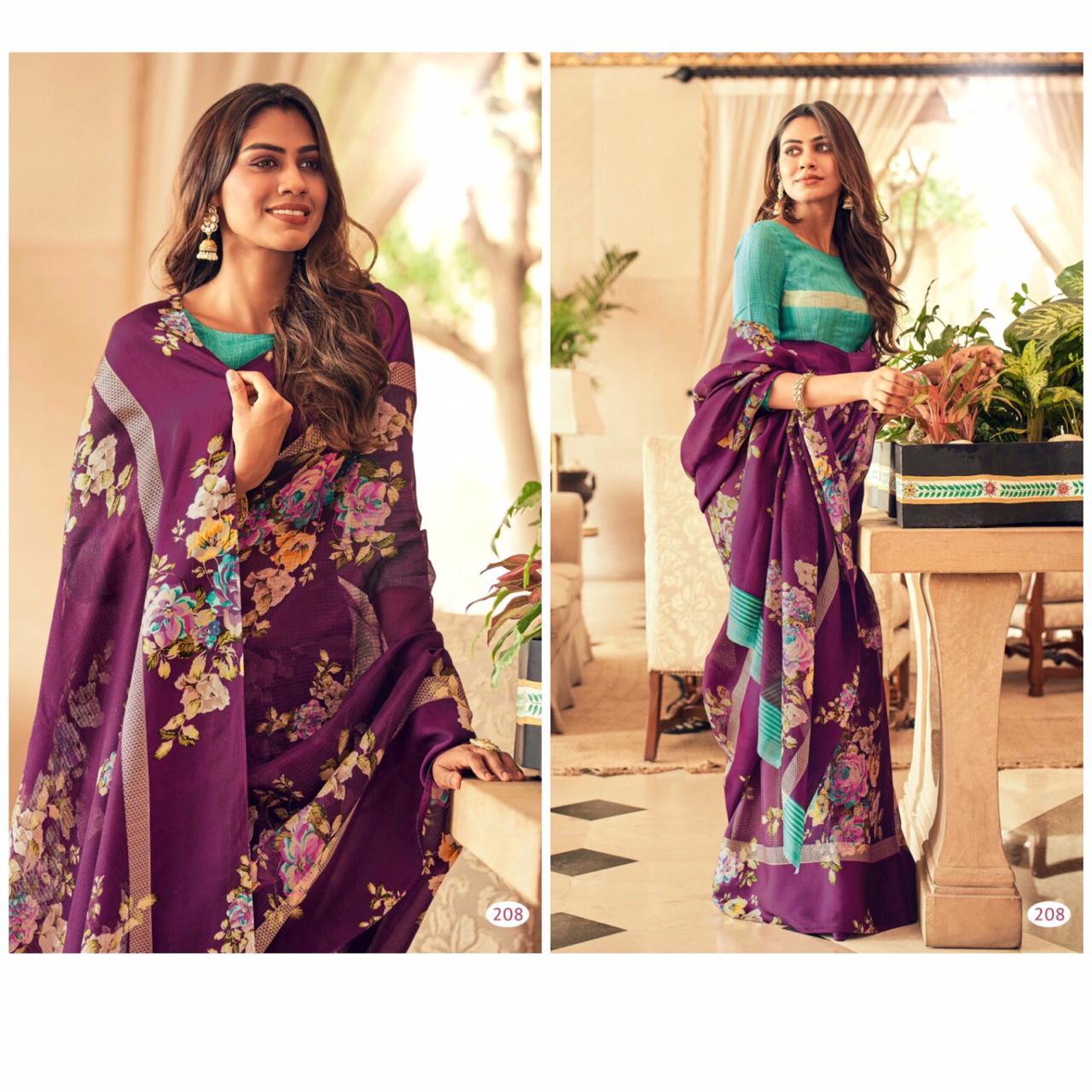 Ideal Violet Colour Printed Pure Linen Saree For Women