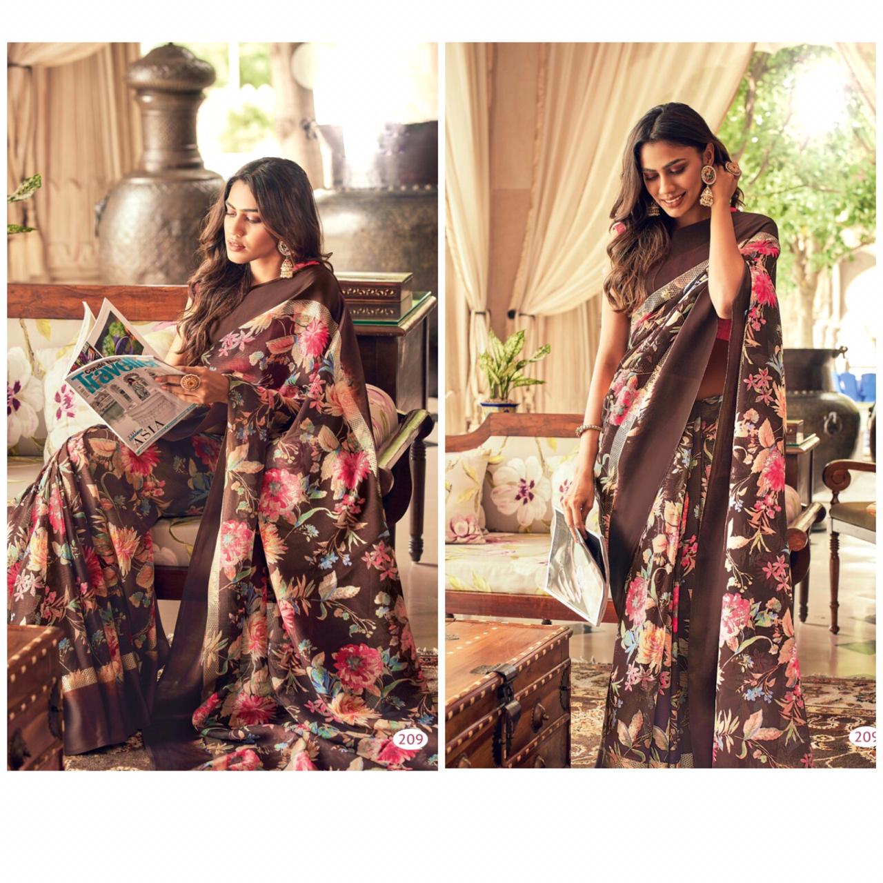 Lovely Brown Colour Printed Pure Linen Saree For Women