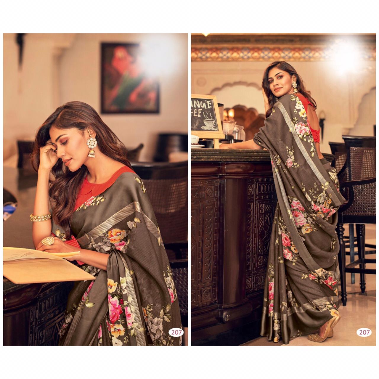 Pleasant brown Colour Printed Pure Linen Saree For Women