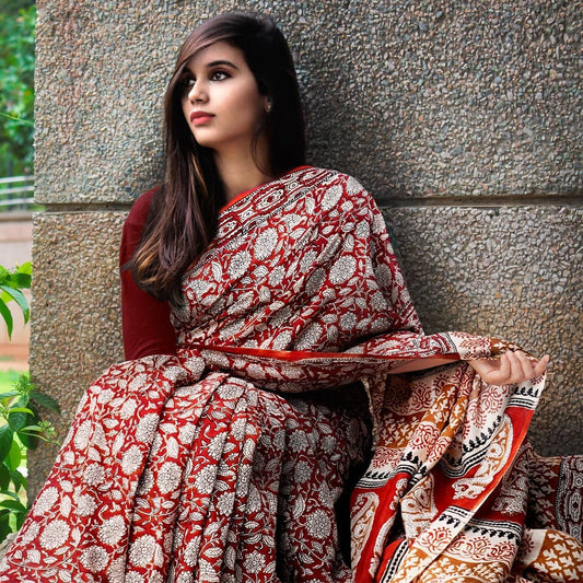 Lovely Red Colour Printed Pure Linen Saree For Women