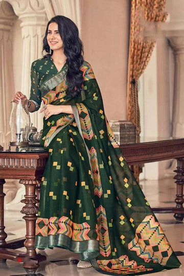 Breathtaking Green Colored Festive Wear Pure Linen Designer Saree