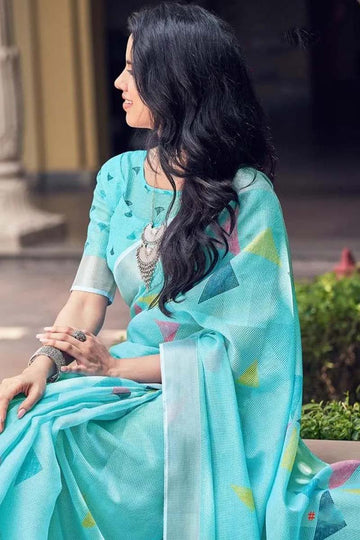Stylish Light Blue Colored Festive Wear Pure Linen Designer Saree