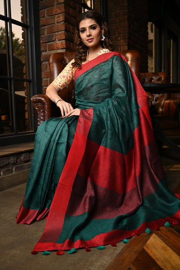 Blooming Women's Green And Red Colour Pure Linen Saree With Blouse Piece