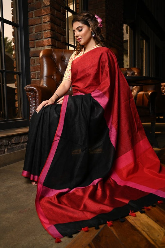 Sizzling Women's Red And Black Colour Pure Linen Saree With Blouse Piece