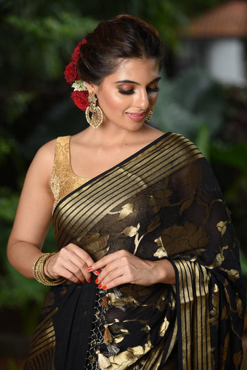 Fantastic Women's Black Colour Pure Linen Saree With Blouse Piece