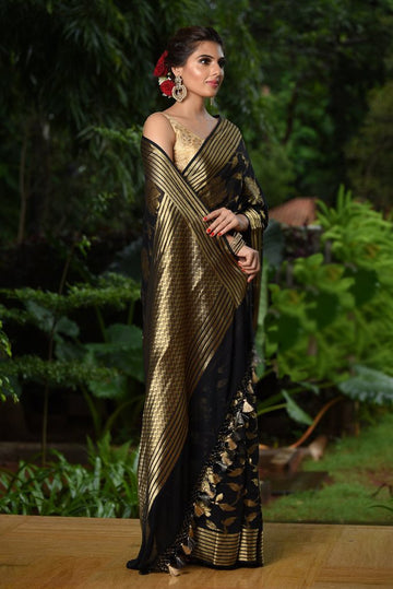 Fantastic Women's Black Colour Pure Linen Saree With Blouse Piece
