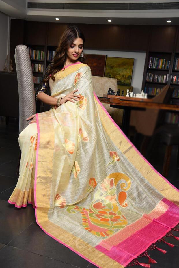 Engrossing Women's Light Yellow Colour Pure Linen Saree With Blouse Piece