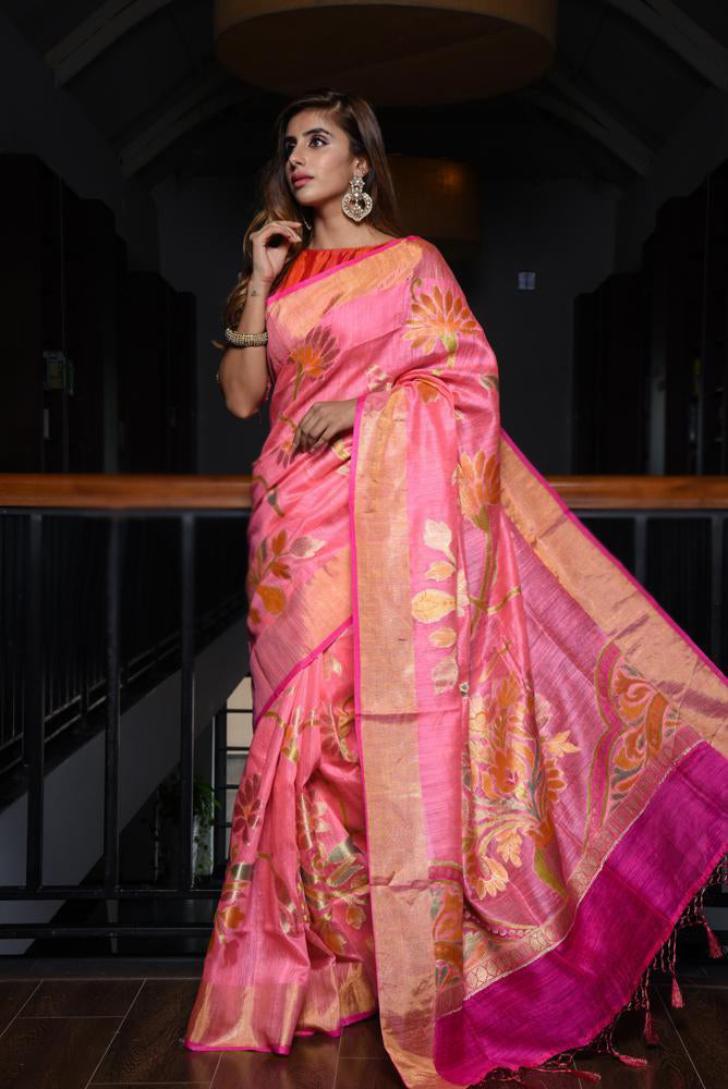 Fantastic Women's Pink Colour Pure Linen Saree With Blouse Piece