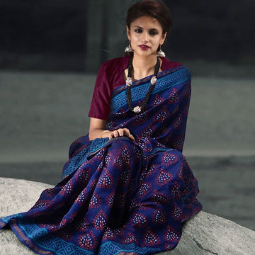 Gorgeous Night Blue Colored Pure Linen Printed  Saree