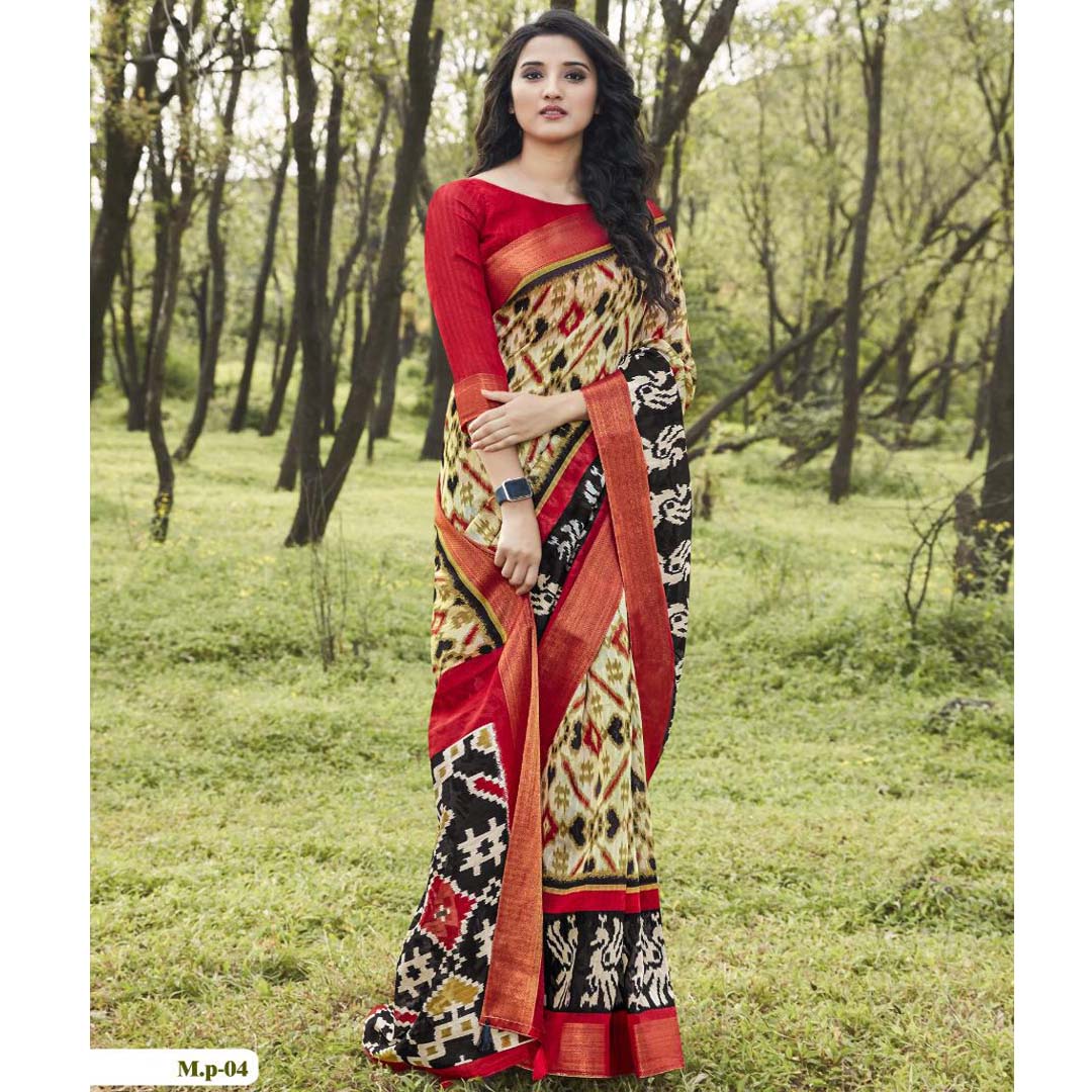 Staggering Red And Cream  Party Wear Pure linen Printed Saree