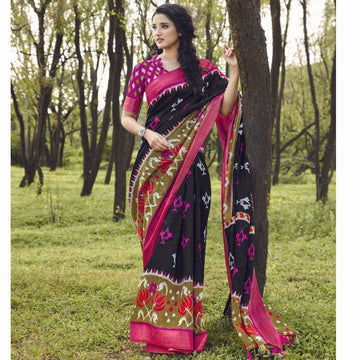 Staring Black And Pink Party Wear Pure linen Printed Saree