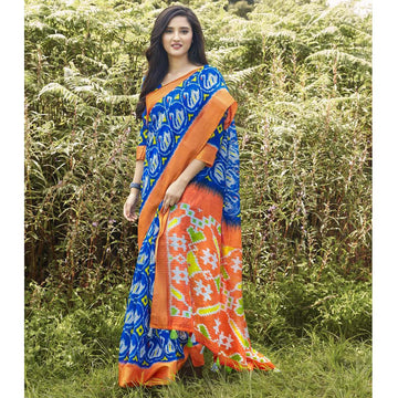 Fantastic Blue And Orange Party Wear Pure linen Printed Saree