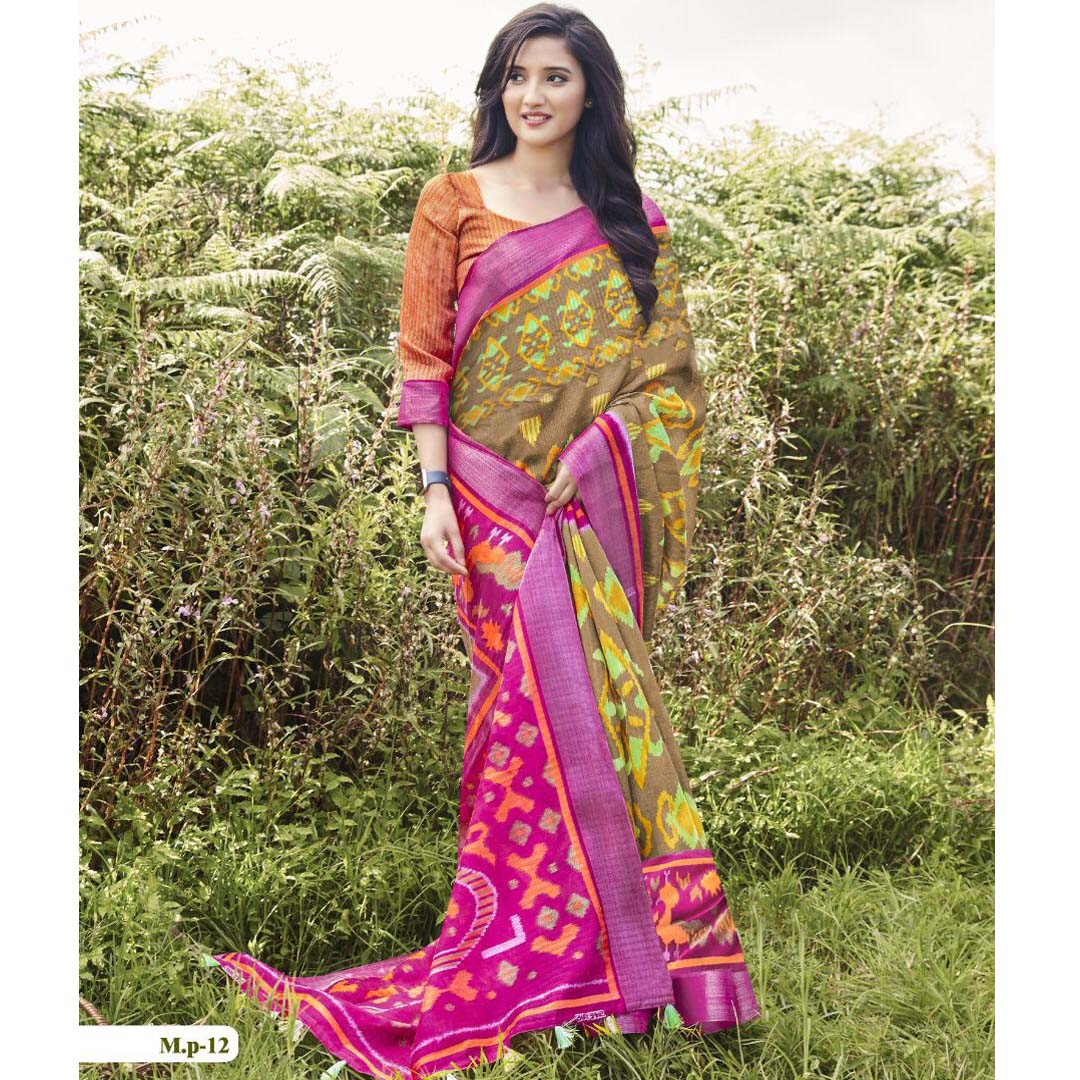 Pleasant  Pink And Green Colored  Party Wear Pure linen Printed Saree