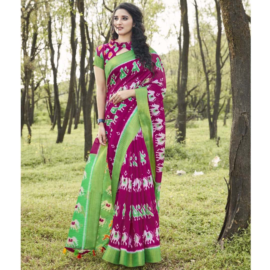 Sophisticated  Green And Magenta Colored  Party Wear Pure linen Printed Saree