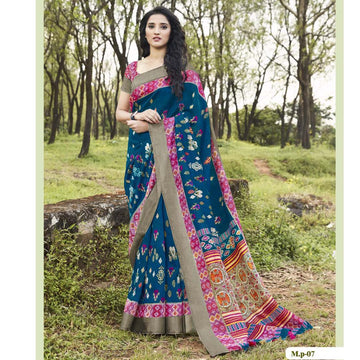 Exceptional Night Blue And Pink Colored  Party Wear Pure linen Printed Saree