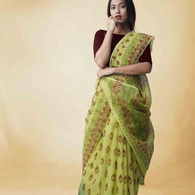 Different Parrot Green And Brown  Colored Party Wear Pure Linen Printed Saree