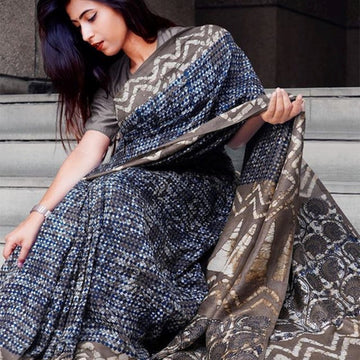 Flaunt Navy Blue  Colored Party Wear Pure Linen Printed Saree
