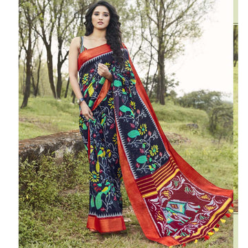 Unique   Blue And Red Colored  Party Wear Pure linen Printed Saree