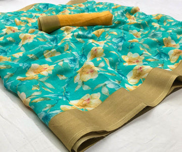 Hypnotic Rama Colored  With Gold Border Pure Linen saree