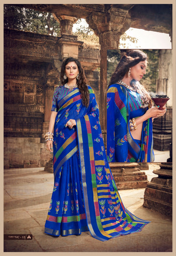 Magnetic Blue  Colored Partywear Pure linen Saree