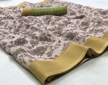 Desiring Rose Gold Colored With Gold Border  Partywear  Printed Pure Linen saree