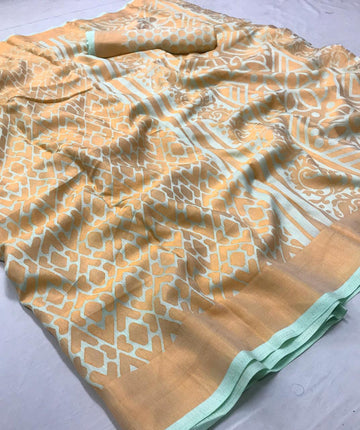 Different Beige Colored Partywear  Printed Pure Linen saree