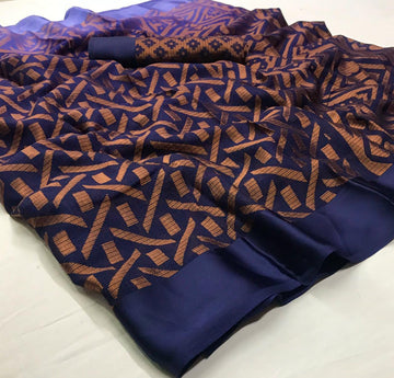 Radiant Dark Blue Colored  Partywear Printed Pure Linen saree