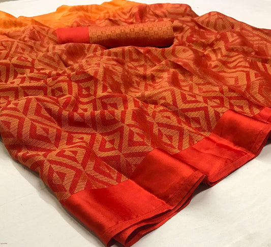 Imposing Orange Colored  Partywear Printed Pure Linen saree