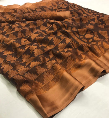 Exceptional Copper Colored  Partywear Printed Pure Linen saree