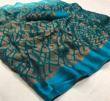 Refreshing Light Blue Partywear Printed Pure Linen saree