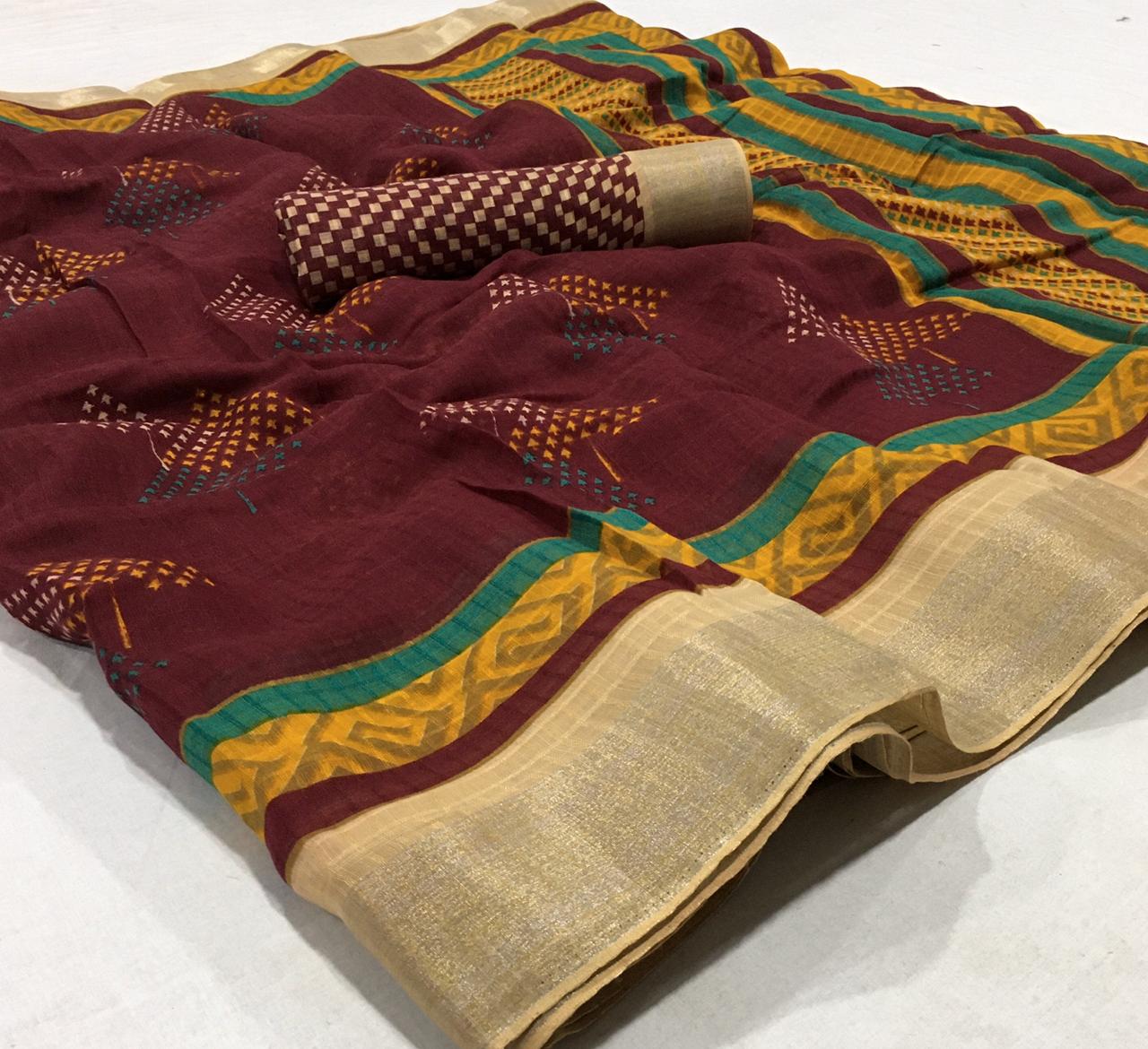 Staring Dark Brown  Colored Partywear Printed Pure Linen saree