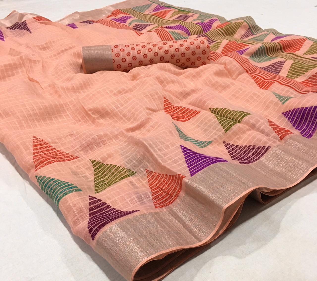 Ravishing Coral Colored Partywear Printed Pure Linen saree