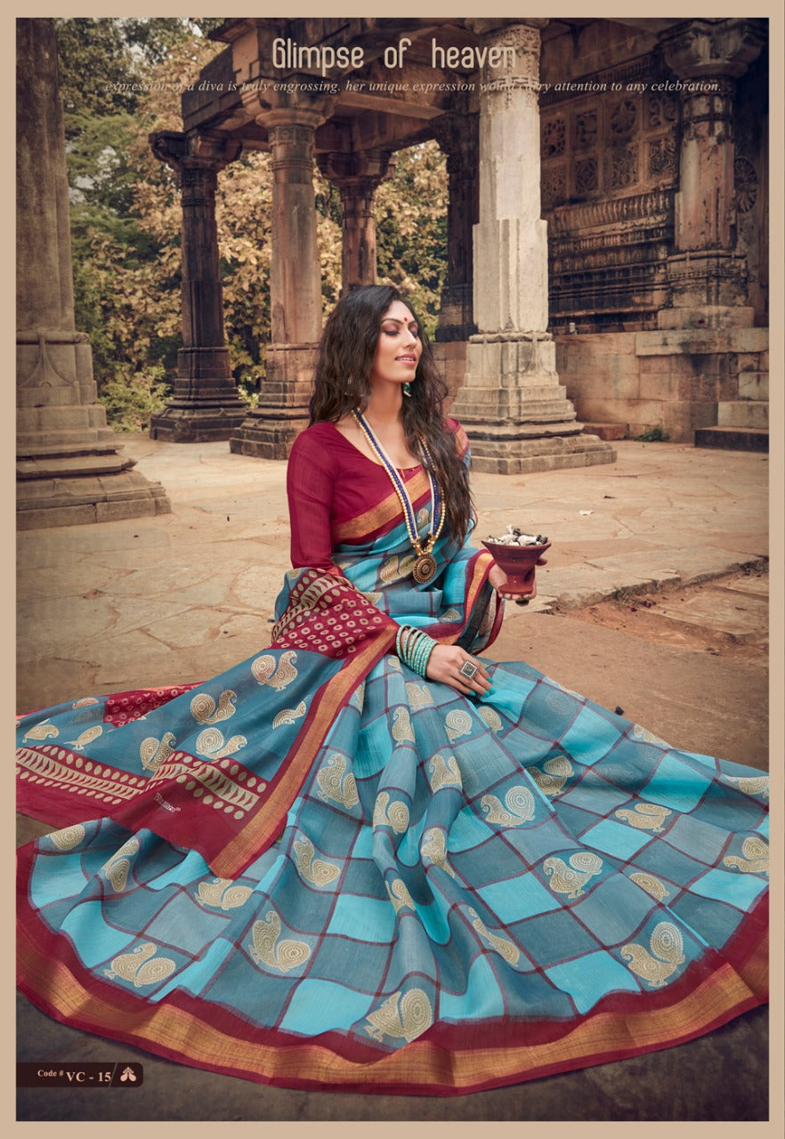 Impressive Sky Blue And Maroon Colored PartyWear Pure Linen Saree