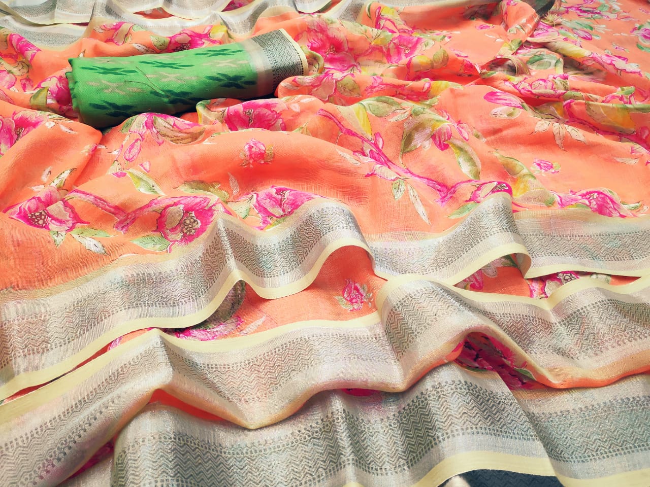 Graceful Peach Colour Women's Pure Linen Saree With Unstiched Blouse Piece
