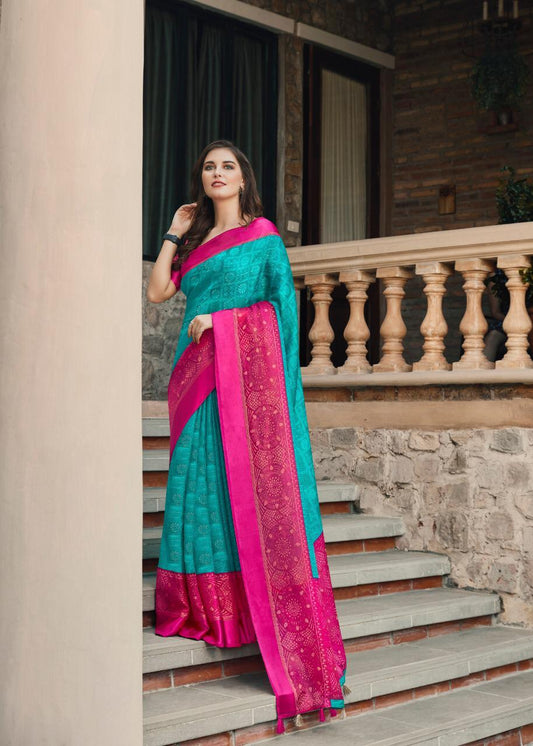 Surpassing  Sky Blue And Pink Colored PartyWear Pure Linen Saree