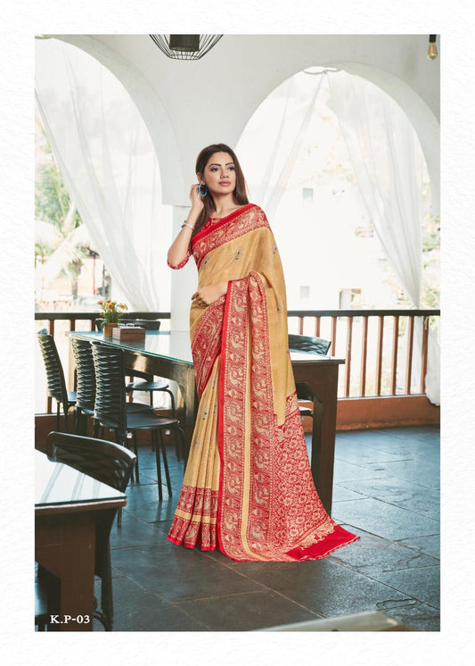 Stylish Tan And Red Colored Party Wear Pure Linen Saree