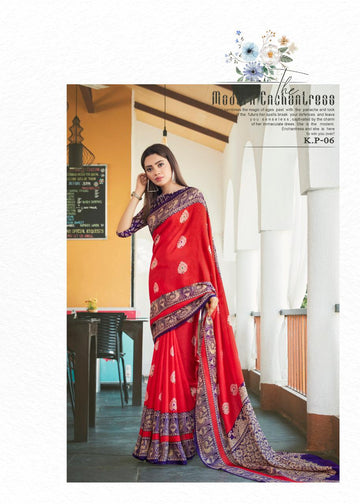 Magnetic Red Colored Party Wear Pure Linen Saree