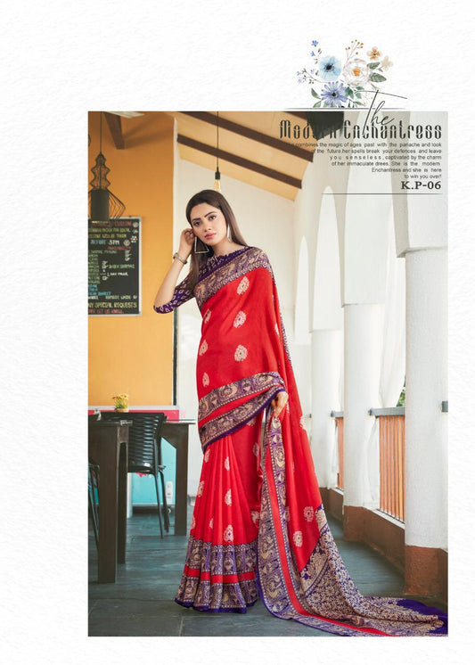 Magnetic Red Colored Party Wear Pure Linen Saree