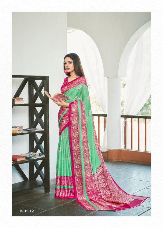 Fairy-tale Green Colored Rani Pink Border PartyWear Pure Linen Saree