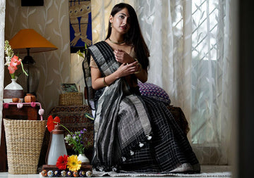 Energetic Black Colored Partywear Pure Linen Saree