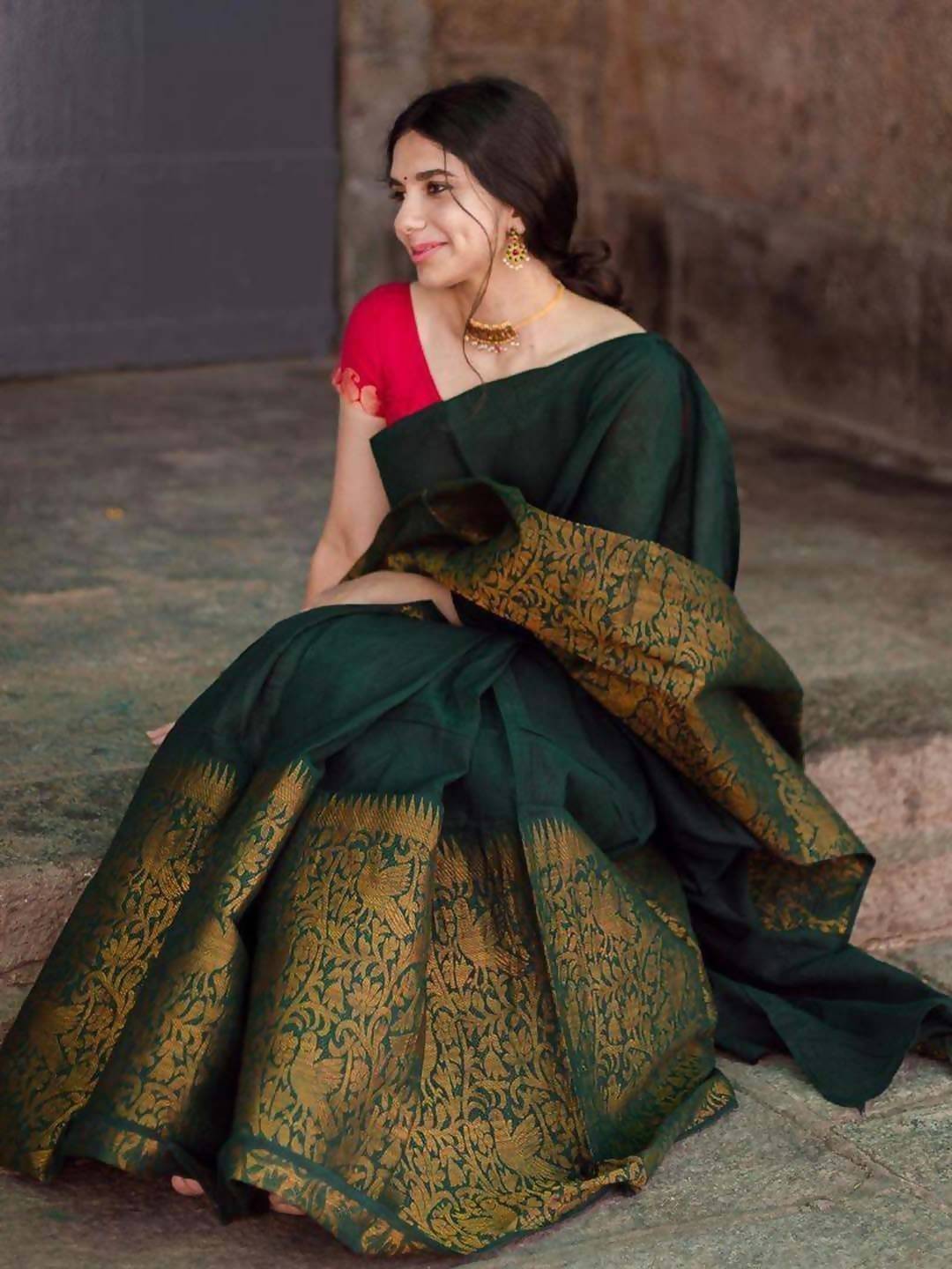 On Trend Stone Embroidered Banarasi Silk Dark Green Saree|SARV142684
