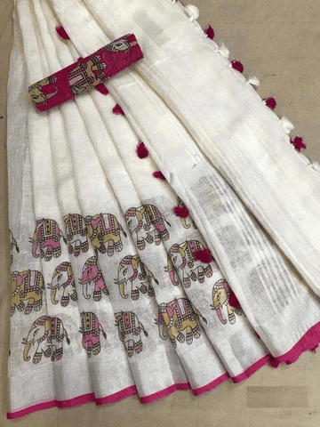 Innovative White Colored Casual Printed Wear Pure Linen Saree