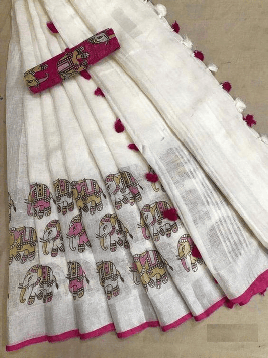 Innovative White Colored Casual Printed Wear Pure Linen Saree - Ibis Fab