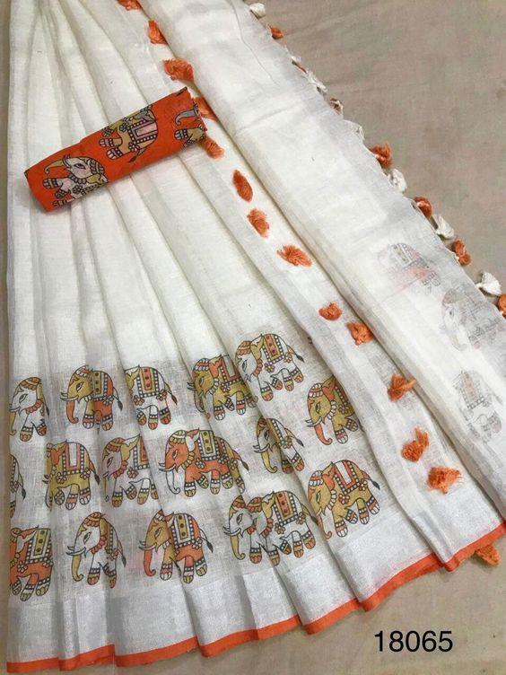 Opulent White And Orange Colored Festive Wear Linen Saree - Ibis Fab