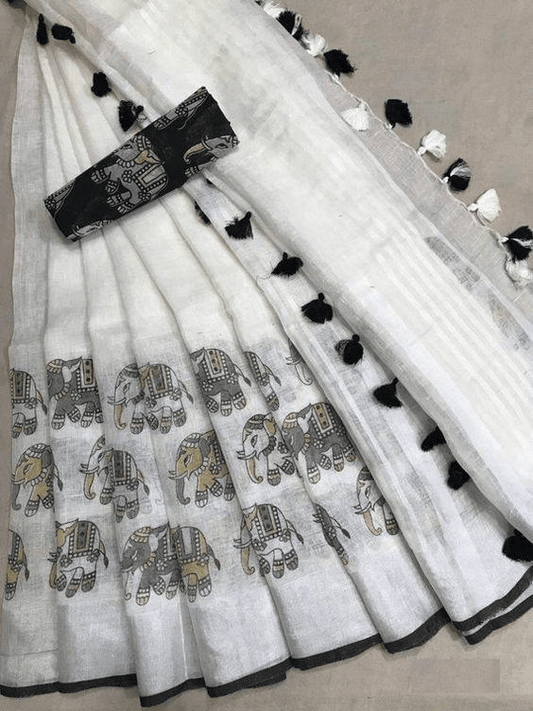 Linen saree in white radiant festive wear - Ibis Fab