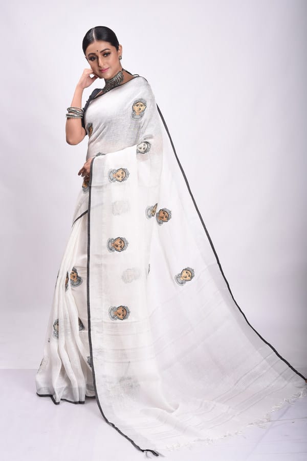 Exceptional White Festive Wear Sd Print Pure Linen Saree