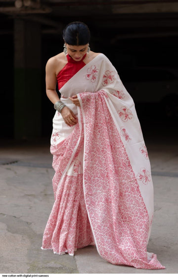 Pure Linen Digital Print White And light Pink Colour Saree, Casual Wear