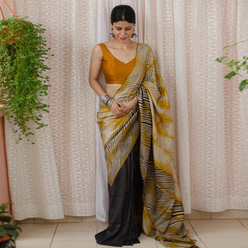 Pure Linen Digital Print Grey And Yellow Colour Saree, Wedding Wear