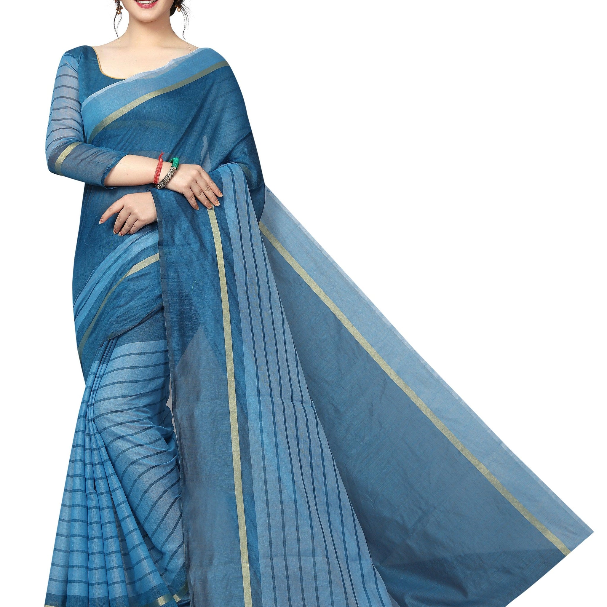 Preferable Blue Colored Festive Wear Linen Cotton Silk Saree