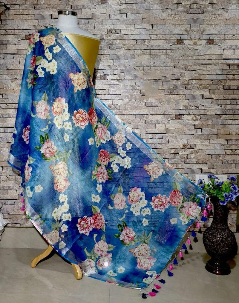 Charming Blue Floral Print Digital Linen Dupatta_ - Ibis Fab